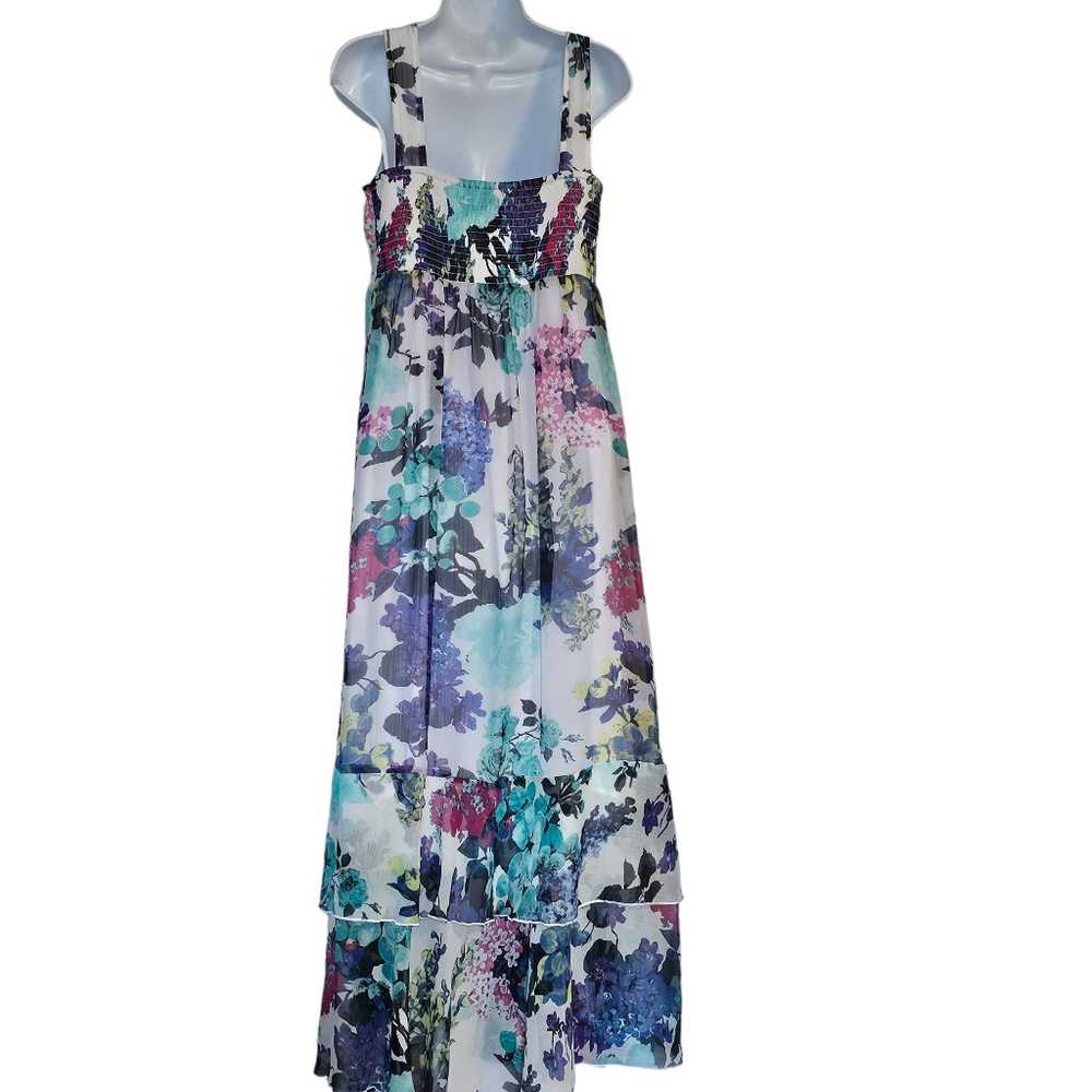 Chelsea & Theodore Floral Flowy Maxi Smocked Back Tiered Chiffon Dress Sz M - Picture 6 of 13